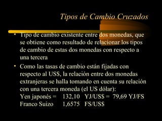 Tipos de Cambio Cruzados Tipo de cambio existente entre dos monedas, que se obtiene como resultado de relacionar los tipos de cambio de estas dos monedas con respecto a una tercera Como las tasas de cambio están fijadas con respecto al US$, la relación entre dos monedas extranjeras se halla tomando en cuenta su relación con una tercera moneda (el US dólar): Yen japonés = 132,10  YJ/US$ =  79,69 YJ/FS Franco Suizo 1,6575  FS/US$ 