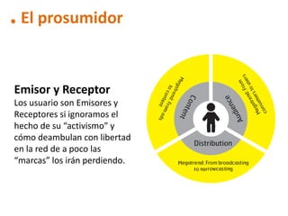 . El prosumidor

Emisor y Receptor
Los usuario son Emisores y
Receptores si ignoramos el
hecho de su “activismo” y
cómo deambulan con libertad
en la red de a poco las
“marcas” los irán perdiendo.
 
