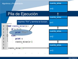 Algoritmos y Programación                                cuenta_atras

                                                         n=0


      Pila de Ejecución
                                                         cuenta_atras

                  Imprime “Fin!” y termina la funcion.   n=1



                                                         cuenta_atras

                                                         n=2



                                                         cuenta_atras

                                                         n=3


                                                                        www.unaj.edu.ar
 