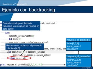 Algoritmos y Programación


Ejemplo con backtracking

Cuando concluye el llamado
recursivo la ejecucion se retoma en
este punto



                                       mayores_al_promedio
                                       lista=[2,3,4]
   Retorna una tupla con el promedio   suma_total=1
   y la lista [4].
              [4,3].                   cantidad=1


                                       mayores_al_promedio
                                       lista=[1,2,3,4]
                                       suma_total=0
                                       cantidad=0
                                                         www.unaj.edu.ar
 