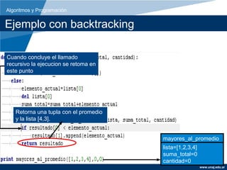 Algoritmos y Programación


Ejemplo con backtracking

Cuando concluye el llamado
recursivo la ejecucion se retoma en
este punto




   Retorna una tupla con el promedio
   y la lista [4].
              [4,3].


                                       mayores_al_promedio
                                       lista=[1,2,3,4]
                                       suma_total=0
                                       cantidad=0
                                                         www.unaj.edu.ar
 
