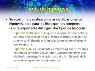 Tipos de hipótesis
• Se acostumbra realizar algunas clasificaciones de
  hipótesis, pero para los fines que nos compete,
  resulta importante distinguir dos tipos de hipótesis:
      – Hipótesis de trabajo: es la que en su formulación contiene
        la suposición señalada por el marco teórico y es la que se
        supone será falseada o comprobada mediante el estudio
        que se ejecuta.
      – Hipótesis nula: es una hipótesis estadística que se formula
        en sentido contrario a la anterior. Concretamente es una
        hipótesis que niega la relación causal o la influencia de la
        variable independiente bajo estudio.

30 de mayo de 2012      Aspectos Metodológicos - Enrique Morosini   31
 