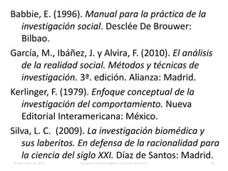 Babbie, E. (1996). Manual para la práctica de la
   investigación social. Desclée De Brouwer:
   Bilbao.
García, M., Ibáñez, J. y Alvira, F. (2010). El análisis
   de la realidad social. Métodos y técnicas de
   investigación. 3ª. edición. Alianza: Madrid.
Kerlinger, F. (1979). Enfoque conceptual de la
   investigación del comportamiento. Nueva
   Editorial Interamericana: México.
Silva, L. C. (2009). La investigación biomédica y
   sus laberitos. En defensa de la racionalidad para
   la ciencia del siglo XXI. Díaz de Santos: Madrid.
30 de mayo de 2012   Aspectos Metodológicos - Enrique Morosini   36
 