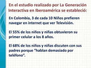 En el estudio realizado por La Generación
Interactiva en Iberoamérica se estableció:
En Colombia, 3 de cada 10 Niños prefieren
navegar en internet que ver Televisión.

El 55% de los niños y niñas obtuvieron su
primer celular a los 8 años.

El 68% de los niños y niñas discuten con sus
padres porque “hablan demasiado por
teléfono”.
 