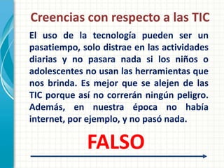 Creencias con respecto a las TIC
El uso de la tecnología pueden ser un
pasatiempo, solo distrae en las actividades
diarias y no pasara nada si los niños o
adolescentes no usan las herramientas que
nos brinda. Es mejor que se alejen de las
TIC porque así no correrán ningún peligro.
Además, en nuestra época no había
internet, por ejemplo, y no pasó nada.

             FALSO
 