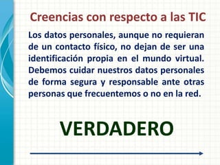 Creencias con respecto a las TIC
Los datos personales, aunque no requieran
de un contacto físico, no dejan de ser una
identificación propia en el mundo virtual.
Debemos cuidar nuestros datos personales
de forma segura y responsable ante otras
personas que frecuentemos o no en la red.


       VERDADERO
 