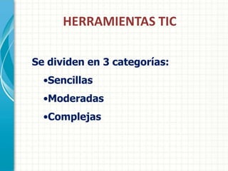 HERRAMIENTAS TIC

Se dividen en 3 categorías:
  •Sencillas
  •Moderadas
  •Complejas
 