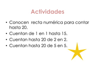 Actividades
• Conocen recta numérica para contar
  hasta 20.
• Cuentan de 1 en 1 hasta 15.
• Cuentan hasta 20 de 2 en 2.
•...