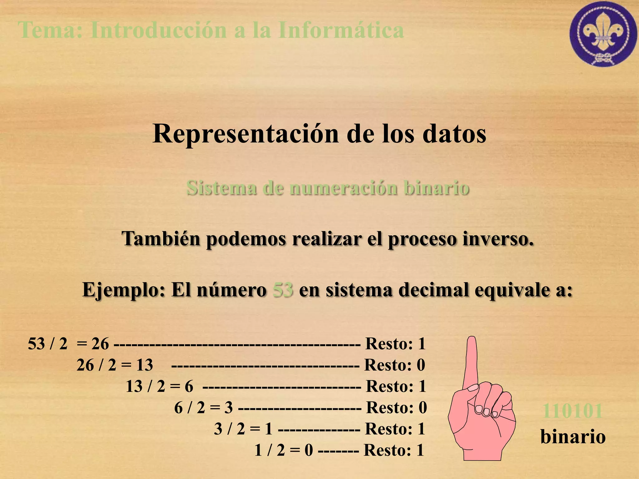 Tema: Introducción a la Informática



                   Representación de los datos
                        Sistema de numeración binario

              También podemos realizar el proceso inverso.

        Ejemplo: El número 53 en sistema decimal equivale a:

53 / 2 = 26 ------------------------------------------ Resto: 1
       26 / 2 = 13 -------------------------------- Resto: 0
              13 / 2 = 6 --------------------------- Resto: 1
                      6 / 2 = 3 --------------------- Resto: 0    110101
                             3 / 2 = 1 -------------- Resto: 1    binario
                                    1 / 2 = 0 ------- Resto: 1
 
