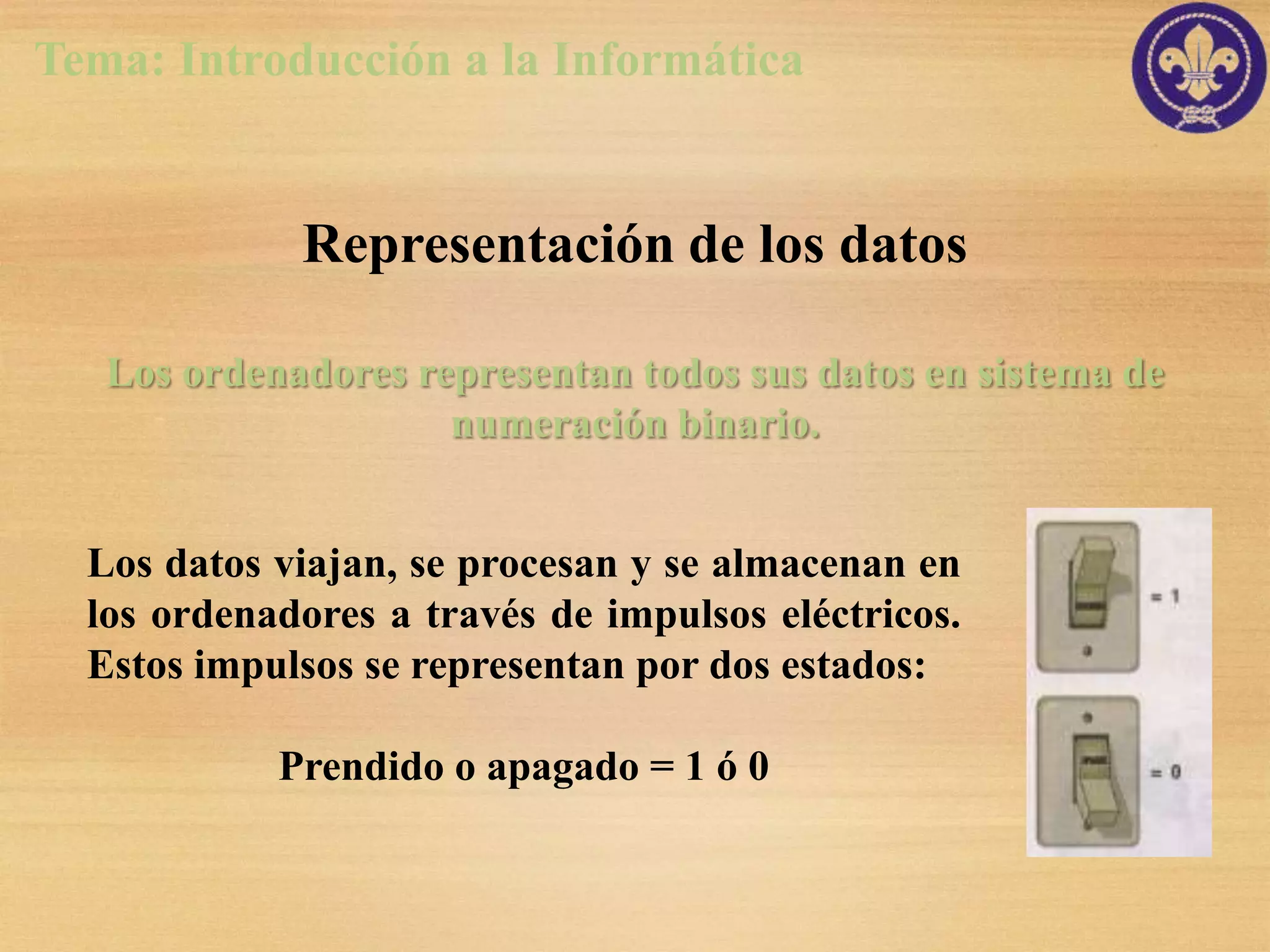 Tema: Introducción a la Informática


             Representación de los datos

   Los ordenadores representan todos sus datos en sistema de
                     numeración binario.


  Los datos viajan, se procesan y se almacenan en
  los ordenadores a través de impulsos eléctricos.
  Estos impulsos se representan por dos estados:

            Prendido o apagado = 1 ó 0
 