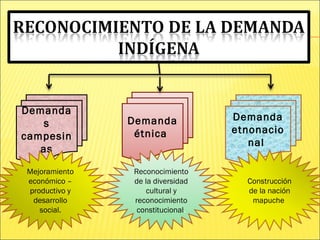 Demanda
s
campesin
as
Demanda
étnica
Demanda
etnonacio
nal
Mejoramiento
económico –
productivo y
desarrollo
social.
Reconocimiento
de la diversidad
cultural y
reconocimiento
constitucional.
Construcción
de la nación
mapuche
 