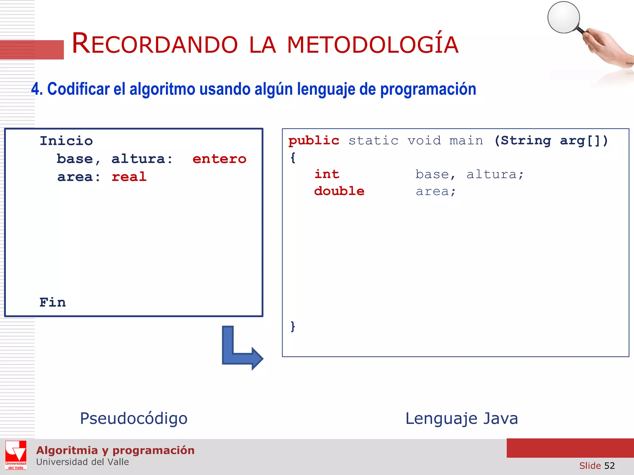 RECORDANDO

LA METODOLOGÍA

4. Codificar el algoritmo usando algún lenguaje de programación
Inicio
base, altura:
area: real

entero

public static void main (String arg[])
{
int
base, altura;
double
area;

Fin
}

Pseudocódigo

Lenguaje Java

Algoritmia y programación
Universidad del Valle

Slide 52

 