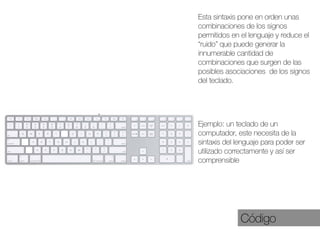 Esta sintaxis pone en orden unas
combinaciones de los signos
permitidos en el lenguaje y reduce el
“ruido” que puede generar la
innumerable cantidad de
combinaciones que surgen de las
posibles asociaciones de los signos
del teclado.

Ejemplo: un teclado de un
computador, este necesita de la
sintaxis del lenguaje para poder ser
utilizado correctamente y así ser
comprensible

Código

 