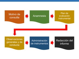 Motivo de
consulta

Anamnesis

Plan de
evaluación
instrumental

Observaciones
generales y de
conducta

Administración
de instrumentos

Redacción del
informe

 