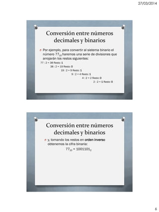 27/03/2014
6
Conversión entre números
decimales y binarios
O Por ejemplo, para convertir al sistema binario el
número 7710 haremos una serie de divisiones que
arrojarán los restos siguientes:
77 : 2 = 38 Resto: 1
38 : 2 = 19 Resto: 0
19 : 2 = 9 Resto: 1
9 : 2 = 4 Resto: 1
4 : 2 = 2 Resto: 0
2 : 2 = 1 Resto: 0
Conversión entre números
decimales y binarios
O y, tomando los restos en orden inverso
obtenemos la cifra binaria:
7710 = 10011012
 