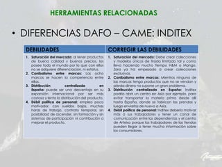 • DIFERENCIAS DAFO – CAME: INDITEX
HERRAMIENTAS RELACIONADAS
DEBILIDADES CORREGIR LAS DEBILIDADES
1. Saturación del mercado: al tener productos
de buena calidad y buenos precios, los
posee todo el mundo por lo que con ellos
no se adquiere diferenciación, ni estatus.
2. Canibalismo entre marcas: Las ocho
marcas se hacen la competencia entre
ellas.
3. Distribución centralizada en
España: puede ser una desventaja en su
expansión internacional por ser más
costosa y lenta la distribución del producto.
4. Débil política de personal: empleo poco
motivador, con sueldos bajos, muchas
horas de trabajo, contrato temporal, sin
posibilidad de ascender, sin formación y sin
sistemas de participación ni contribución a
mejorar el producto.
1. Saturación del mercado: Debe crear colecciones
y modelos únicos de tirada limitada tal y como
lleva haciendo mucho tiempo H&M o Mango.
Zara ya ha empezado a crear colecciones
exclusivas.
2. Canibalismo entre marcas: Mientras ninguna de
las marcas tenga productos que no se vendan y
pierda dinero no supone un gran problema.
3. Distribución centralizada en España: Inditex
podría abrir un centro en Asia por ejemplo, para
evitar transportar la materia prima desde allí
hasta España, donde se fabrican las prendas y
luego enviarlos de nuevo a Asia.
4. Débil política de personal: Inditex debería motivar
más a sus trabajadores y tener un canal de
comunicación entre las dependientas y el centro
de Arteixo porque los trabajadores de las tiendas
pueden llegar a tener mucha información sobre
los consumidores.
 