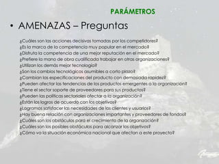 • AMENAZAS – Preguntas
¿Cuáles son las acciones decisivas tomadas por los competidores?
¿Es la marca de la competencia muy popular en el mercado?
¿Disfruta la competencia de una mejor reputación en el mercado?
¿Prefiere la mano de obra cualificada trabajar en otras organizaciones?
¿Utilizan los demás mejor tecnología?
¿Son los cambios tecnológicos asumibles a corto plazo?
¿Cambian las especificaciones del producto con demasiada rapidez?
¿Pueden afectar las tendencias de los productos emergentes a la organización?
¿Tiene el sector soporte de proveedores para sus productos?
¿Pueden las políticas sectoriales afectar a la organización?
¿Están los logros de acuerdo con los objetivos?
¿Logramos satisfacer las necesidades de los clientes y usuarios?
¿Hay buena relación con organizaciones importantes y proveedores de fondos?
¿Cuáles son los obstáculos para el crecimiento de la organización?
¿Cuáles son los posibles obstáculos para alcanzar los objetivos?
¿Cómo va la situación económica nacional que afectan a este proyecto?
PARÁMETROS
 