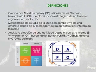 • Creada por Albert Humphrey (SRI) a finales de los 60 como
herramienta INICIAL de planificación estratégica de un territorio,
organización, sector, etc.
• Metodología de estudio de la situación competitiva de una
empresa dentro de su mercado y de las características internas de
la misma
• Analiza la situación de una actividad desde el contexto interno (S-
W) y externo (O-T) buscando los puntos FUERTES y DÉBILES de unos
FACTORES definidos.
DEFINICIONES
 