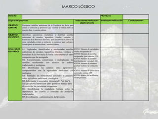 ENTIDAD PROYECTO
Lógica del proyecto Indicadores verificables
objetivamente
Medios de verificación Condicionantes
OBJETIVO
GENERAL
Recuperar semillas autóctonas de la Provincia de Soria para
evitar su extinción y promover que vuelvan a formar parte de
nuestra dieta y nuestra cultura.
OBJETIVO
ESPECÍFICO
Identificar, caracterizar, multiplicar y distribuir semillas
autóctonas de cereales, legumbres, frutales, verduras y
hortalizas de la Provincia de Soria, para incentivar el cultivo de
estas variedades, evitar su extinción y promover que vuelvan a
formar parte de nuestra dieta y nuestra cultura.
RESULTADOS
ESPERADOS
R1- Exploradas, identificadas y recolectadas semillas
autóctonas de cereales, legumbres, frutales, verduras y
hortalizas de la Provincia de Soria y documentar el saber
campesino que las acompaña.
R2- Caracterizadas, conservadas y multiplicadas las
semillas recolectadas con técnicas de cultivo
tradicionales y ecológicas.
R3- Distribuidas las semillas entre agricultores
comprometidos con la agricultura tradicional y/o
ecológica.
R4- Formados los horticultores asociados al proyecto
sobre agricultura tradicional y ecológica
R5- Informados y asesorados (presencial y “on line”),
los agricultores interesados sobre pautas de manejo para
el cultivo de las variedades recuperadas
R6- Sensibilizada la ciudadanía Soriana sobre la
importancia del cultivo y consumo de productos
tradicionales.
R7- Coordinación y administración del proyecto.
IOVR1: Número de variedades
locales recuperadas: 6
IOVR2: Número de semillas
recuperadas por variedad: 250
IOVR3: Número de semillas
distribuidas por variedad: 200
IOVR4: Número de alumnos
que han recibido la formación:
25
IOVR5: Número de particulares
asesorados online: 100
IOVR6: alcance de la difusión:
55185 personas.
MARCO LÓGICO
 