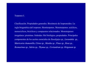 Terpenos I.
Clasificación. Propiedades generales. Biosíntesis de Isoprenoides. La
regla biogenética del isopreno. Hemiterpenos. Monoterpenos: acíclicos,
monocíclicos, bicíclicos y compuestos relacionados. Monoterpenos
irregulares: piretrinas. Iridoides: Rol biológico, propiedades. Principales
componentes de los aceites esenciales de Eucalyptys sp., Lavandula sp.,
Matricaria chamonilla, Citrus sp., Mentha sp., Pinus sp., Rosa sp.,
Rosmarinus sp., Salvia sp., Thymus sp., Coriandrum sp. Origanum sp.
 