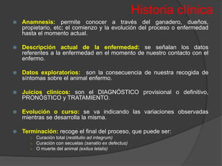 Historia clínica
 Anamnesis: permite conocer a través del ganadero, dueños,
propietario, etc; el comienzo y la evolución del proceso o enfermedad
hasta el momento actual.
 Descripción actual de la enfermedad: se señalan los datos
referentes a la enfermedad en el momento de nuestro contacto con el
enfermo.
 Datos exploratorios: son la consecuencia de nuestra recogida de
síntomas sobre el animal enfermo.
 Juicios clínicos: son el DIAGNÓSTICO provisional o definitivo,
PRONÓSTICO y TRATAMIENTO.
 Evolución o curso: se va indicando las variaciones observadas
mientras se desarrolla la misma.
 Terminación: recoge el final del proceso, que puede ser:
○ Curación total (restitutio ad integrum)
○ Curación con secuelas (sanatio ex defectus)
○ O muerte del animal (exitus letalis)
 