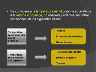  Se considera a la temperatura rectal como la equivalente
a la interna u orgánica, no obstante podemos encontrar
variaciones en los siguientes casos:
Temperatura
rectal más alta
que la
orgánica
• Proctitis
• Esfuerzos abdominales
• Masas fecales
Temperatura
rectal inferior
a la orgánica
• Relajación del esfínter
• Emisión de gases
• Diarreas
 