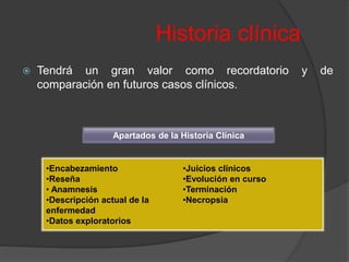 Historia clínica
 Tendrá un gran valor como recordatorio y de
comparación en futuros casos clínicos.
•Encabezamiento
•Reseña
• Anamnesis
•Descripción actual de la
enfermedad
•Datos exploratorios
•Juicios clínicos
•Evolución en curso
•Terminación
•Necropsia
Apartados de la Historia Clínica
 