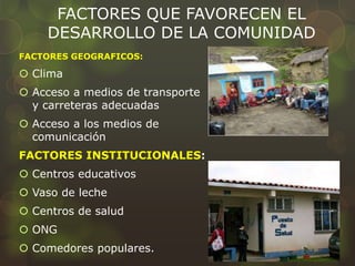 FACTORES QUE FAVORECEN EL
DESARROLLO DE LA COMUNIDAD
FACTORES GEOGRAFICOS:
 Clima
 Acceso a medios de transporte
y carreteras adecuadas
 Acceso a los medios de
comunicación
FACTORES INSTITUCIONALES:
 Centros educativos
 Vaso de leche
 Centros de salud
 ONG
 Comedores populares.
 