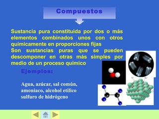 Compuestos 
Sustancia pura constituida por dos o más 
elementos combinados unos con otros 
químicamente en proporciones fijas 
Son sustancias puras que se pueden 
descomponer en otras más simples por 
medio de un proceso químico 
Ejemplos: 
Agua, azúcar, sal común, 
amoniaco, alcohol etilico 
sulfuro de hidrógeno 
 