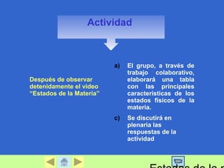 Actividad 
Después de observar 
detenidamente el video 
“Estados de la Materia” 
a) El grupo, a través de 
trabajo colaborativo, 
elaborará una tabla 
con las principales 
características de los 
estados físicos de la 
materia. 
c) Se discutirá en 
plenaria las 
respuestas de la 
actividad 
Estados de la meteria 
 