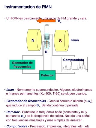 Instrumentacion de RMNInstrumentacion de RMN
• Un RMN es basicamente una radio de FM grande y cara.
• Iman - Normamente superconductor. Algunos electroimanes
e imanes permanentes (XL-100, T-60) se siguen usando.
• Generador de frecuencias - Crea la corriente alterna (a ωo)
que induce al campo B1. Banda continua o pulsada.
• Detector - Substrae la frequencia base (constante y muy
cercana a ωo) de la frequencia de salida. Nos da una señal
con frecuencias mas bajas y mas simples de analizar.
• Computadora - Procesado, impresion, integrales, etc., etc.
N S
Bo
B1
Detector
Computadora
Iman
Generador de
frecuencias
 