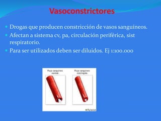 Vasoconstrictores
 Drogas que producen constricción de vasos sanguíneos.
 Afectan a sistema cv, pa, circulación periférica, sist
respiratorio.
 Para ser utilizados deben ser diluidos. Ej 1:100.000
 