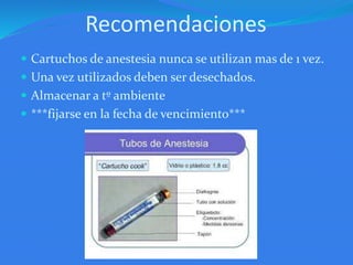 Recomendaciones
 Cartuchos de anestesia nunca se utilizan mas de 1 vez.
 Una vez utilizados deben ser desechados.
 Almacenar a tº ambiente
 ***fijarse en la fecha de vencimiento***
 