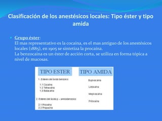 Clasificación de los anestésicos locales: Tipo éster y tipo
amida
 Grupo éster:
El mas representativo es la cocaína, es el mas antiguo de los anestésicos
locales (1885), en 1905 se sintetiza la procaína.
La benzocaina es un éster de acción corta, se utiliza en forma tópica a
nivel de mucosas.
 