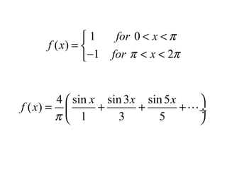 1 0
( )
1 2
for x
f x
for x
π
π π
< <
= 
− < <
4 sin sin3 sin5
( )
1 3 5
x x x
f x
π
 
= + + + ÷
 
L
 