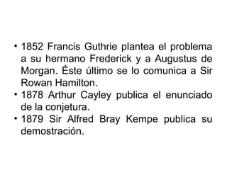 • 1852 Francis Guthrie plantea el problema
a su hermano Frederick y a Augustus de
Morgan. Éste último se lo comunica a Sir
Rowan Hamilton.
• 1878 Arthur Cayley publica el enunciado
de la conjetura.
• 1879 Sir Alfred Bray Kempe publica su
demostración.
 