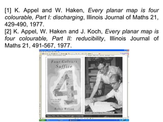 [1] K. Appel and W. Haken, Every planar map is four
colourable, Part I: discharging, Illinois Journal of Maths 21,
429-490, 1977.
[2] K. Appel, W. Haken and J. Koch, Every planar map is
four colourable, Part II: reducibility, Illinois Journal of
Maths 21, 491-567, 1977.
 