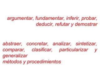 argumentar, fundamentar, inferir, probar,
deducir, refutar y demostrar
abstraer, concretar, analizar, sintetizar,
comparar, clasificar, particularizar y
generalizar
métodos y procedimientos
 