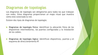 Diagramas de topologías
Los diagramas de topología son obligatorios para todos los que trabajan
con redes. Estos diagramas proporcionan un mapa visual que muestra
cómo está conectada la red.
Existen dos tipos de diagramas de topología:
 Diagramas de topología física: identifican la ubicación física de los
dispositivos intermediarios, los puertos configurados y la instalación
de los cables.
 Diagramas de topología lógica: identifican dispositivos, puertos y el
esquema de direccionamiento IP.
 