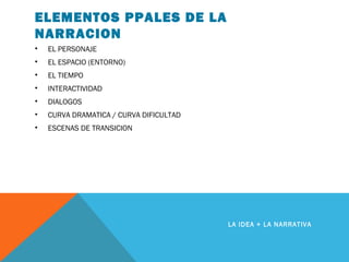 ELEMENTOS PPALES DE LA
NARRACION
• EL PERSONAJE
• EL ESPACIO (ENTORNO)
• EL TIEMPO
• INTERACTIVIDAD
• DIALOGOS
• CURVA DRAMATICA / CURVA DIFICULTAD
• ESCENAS DE TRANSICION
LA IDEA + LA NARRATIVA
 
