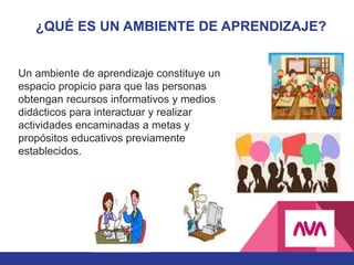 Un ambiente de aprendizaje constituye un
espacio propicio para que las personas
obtengan recursos informativos y medios
didácticos para interactuar y realizar
actividades encaminadas a metas y
propósitos educativos previamente
establecidos.
¿QUÉ ES UN AMBIENTE DE APRENDIZAJE?
 
