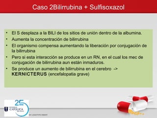 Caso 2Bilirrubina + Sulfisoxazol
• El S desplaza a la BILI de los sitios de unión dentro de la albumina.
• Aumenta la concentración de bilirrubina
• El organismo compensa aumentando la liberación por conjugación de
la bilirrubina
• Pero si esta interacción se produce en un RN, en el cual los mec de
conjugación de bilirrubina aun están inmaduros.
• Se produce un aumento de bilirrubina en el cerebro ->
KERNICTERUS (encefalopatia grave)
 