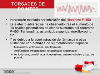 TORSADES DE
POINTES
• Interacción mediada por inhibición del citocromo P-450
• Este efecto adverso se ha observado tras el aumento de
los niveles plasmáticos de ciertos sustratos del citocromo
P-450. Terfenadina, astemizol, cisaprida, moxifloxacino,
etc.
• Y es debido a la administración de fármacos u otras
sustancias inhibidores de su metabolismo hepático.
– Macrólidos: eritromicina, claritromicina
– Antifúngicos imidazólicos: ketoconazol, itraconazol
– Amiodarona, quinidina, antidepresivos, antirretrovirales y jugo de
pomelo
 