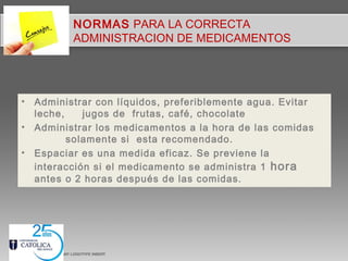 NORMAS PARA LA CORRECTA
ADMINISTRACION DE MEDICAMENTOS
• Administrar con líquidos, preferiblemente agua. Evitar
leche, jugos de frutas, café, chocolate
• Administrar los medicamentos a la hora de las comidas
solamente si esta recomendado.
• Espaciar es una medida eficaz. Se previene la
interacción si el medicamento se administra 1 hora
antes o 2 horas después de las comidas.
 