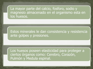 La mayor parte del calcio, fosforo, sodio y
magnesio almacenado en el organismo esta en
los huesos.
Estos minerales le dan consistencia y resistencia
ante golpes y presiones.
Los huesos poseen elasticidad para proteger a
ciertos órganos como: Cerebro, Corazón,
Pulmón y Medula espinal.
 