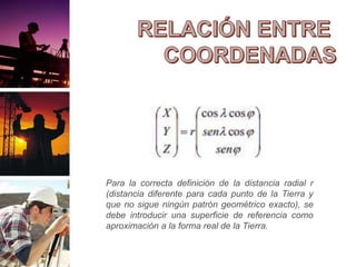 Para la correcta definición de la distancia radial r
(distancia diferente para cada punto de la Tierra y
que no sigue ningún patrón geométrico exacto), se
debe introducir una superficie de referencia como
aproximación a la forma real de la Tierra.
 