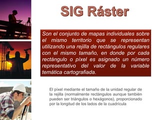 Son el conjunto de mapas individuales sobre
el mismo territorio que se representan
utilizando una rejilla de rectángulos regulares
con el mismo tamaño, en donde por cada
rectángulo o píxel es asignado un número
representativo del valor de la variable
temática cartografiada.
El píxel mediante el tamaño de la unidad regular de
la rejilla (normalmente rectángulos aunque también
pueden ser triángulos o hexágonos), proporcionado
por la longitud de los lados de la cuadrícula
 