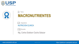 www.usanpedro.edu.pe https://platinium.usanpedro.edu.pe
Maestría en Administración de Empresas y Negocios
www.usanpedro.edu.pe https://platinium.usanpedro.edu.pe
Asignatura:
Tema:
Docente:
MACRONUTRIENTES
NUTRICION CLINICA
Mg. Carlos Esteban Cacha Salazar
 