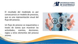 El resultado del modelado es por
consecuencia un modelo de procesos,
que es una representación visual del
flujo del proceso.
Un flujo de proceso se esquematiza a
través de iconos que muestran las
actividades, eventos, decisiones,
reglas y otros elementos del proceso
mismo.
 