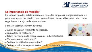 La importancia de modelar
En todo el mundo, prácticamente en todas las empresas y organizaciones las
personas están luchando para comunicarse entre ellas para ver como
organizar el trabajo de la mejor manera.
Se están cuestionando cosas como:
¿Cuáles pasos son realmente necesarios?
¿Quién debería realizarlos?
¿Deben quedarse en la empresa o en el subcontratado?
¿Cómo deben ser realizados?
¿Qué funcionalidades se necesitan?
¿Qué resultados se esperan y cómo serán monitoreados?
 